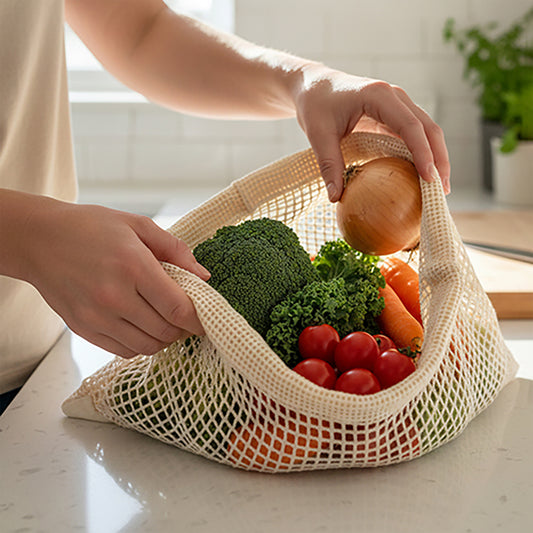 Wrapzy Reusable Cotton Mesh Produce Bags ? Large Drawstring Vegetable Storage Bags for Fridge & Grocery Shopping ? Eco Friendly Washable Fruit Bags, Breathable Kitchen Organizer (30 x 33 cm) | Pack of 6