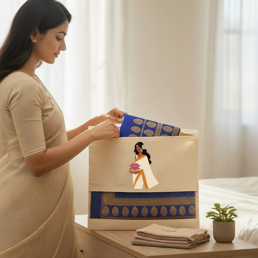 Wrapzy Pure Cotton Printed Saree Cover for Storage | Pack of 4 | Large 16 x 14 Inch Saree Bags with Zip & Transparent Mesh Window | Reusable Wardrobe Organizer for Sarees & Clothes (PRINT3, O