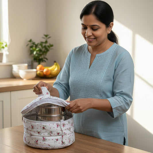 WRAPZY Cotton Tiffin Cover with Zip | Keeps Food Fresh | Reusable Eco-Friendly Fabric Lunch Bag for Office, School & Travel - Pack of 2