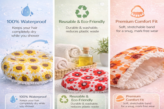 Shower Cap for Women Pack of 6 – Waterproof Reusable Bath Cap with Elastic Band, Free Size Hair Cover for Shower, Spa, Salon, Hair Treatment & Makeup