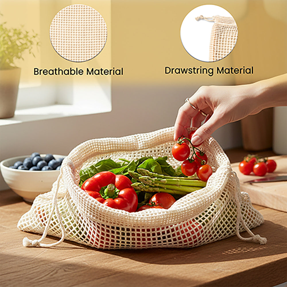 Wrapzy Reusable Cotton Mesh Produce Bags ? Large Drawstring Vegetable Storage Bags for Fridge & Grocery Shopping ? Eco Friendly Washable Fruit Bags, Breathable Kitchen Organizer (30 x 33 cm) | Pack of 6