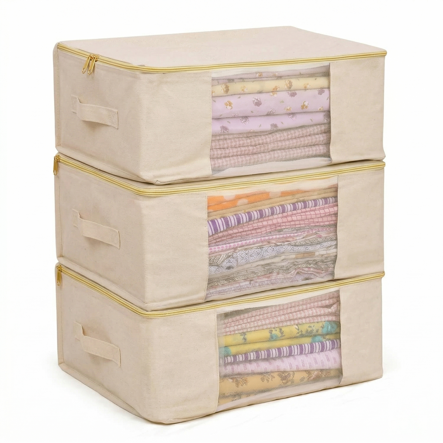 Saree Cover with Zip | Pack of 3 | Cotton Canvas Storage Bag with Transparent Window