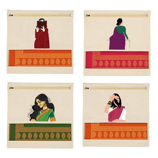 Wrapzy Pure Cotton Printed Saree Cover for Storage | Pack of 4 | Large 16 x 14 Inch Saree Bags with Zip & Transparent Mesh Window | Reusable Wardrobe Organizer for Sarees & Clothes (PRINT2, O