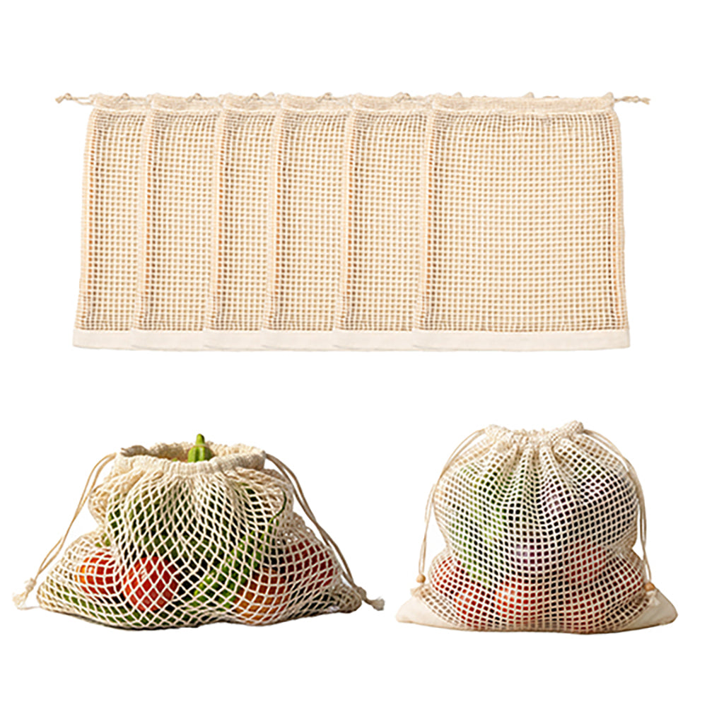 Wrapzy Reusable Cotton Mesh Produce Bags ? Large Drawstring Vegetable Storage Bags for Fridge & Grocery Shopping ? Eco Friendly Washable Fruit Bags, Breathable Kitchen Organizer (30 x 33 cm) | Pack of 6