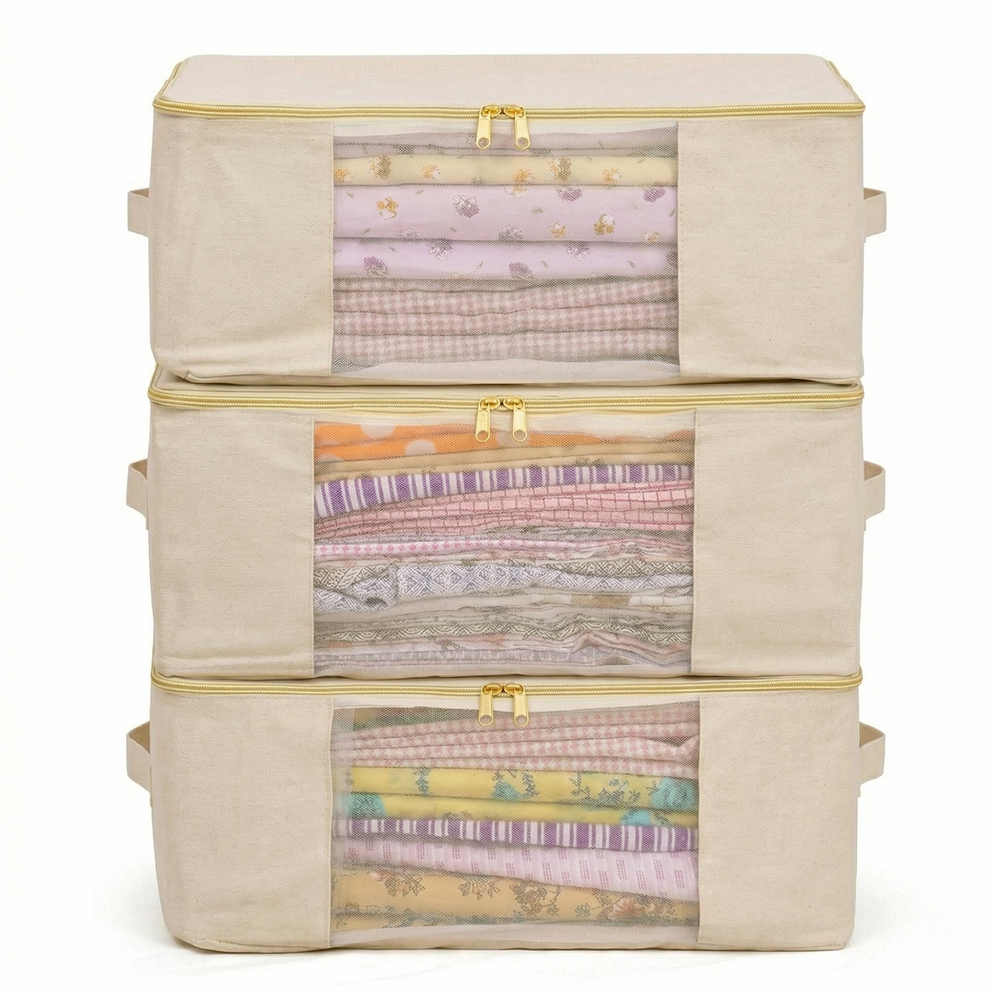 Saree Cover with Zip | Pack of 3 | Cotton Canvas Storage Bag with Transparent Window