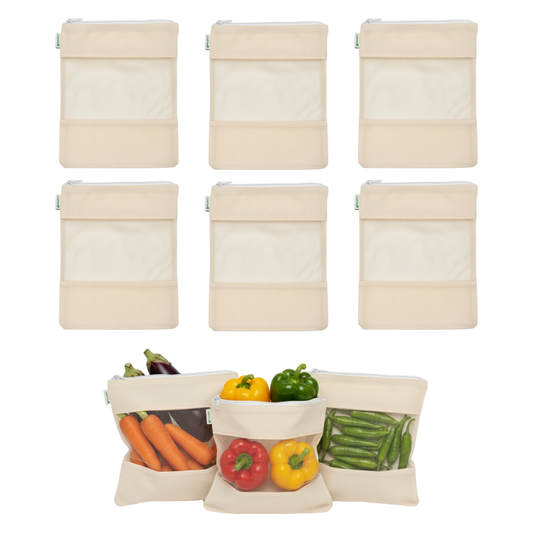 Wrapzy - Cotton Net Bag with Zip - Reusable Fridge Storage Zipper Bags For Fruits And Vegetables -  Organizer with Sturdy Zipper (Pack of 6)