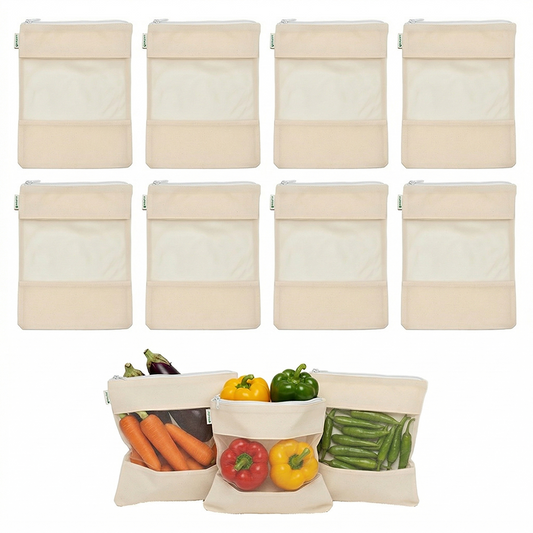 Wrapzy - Cotton Net Bag with Zip - Reusable Fridge Storage Zipper Bags For Fruits And Vegetables (Pack of 8)