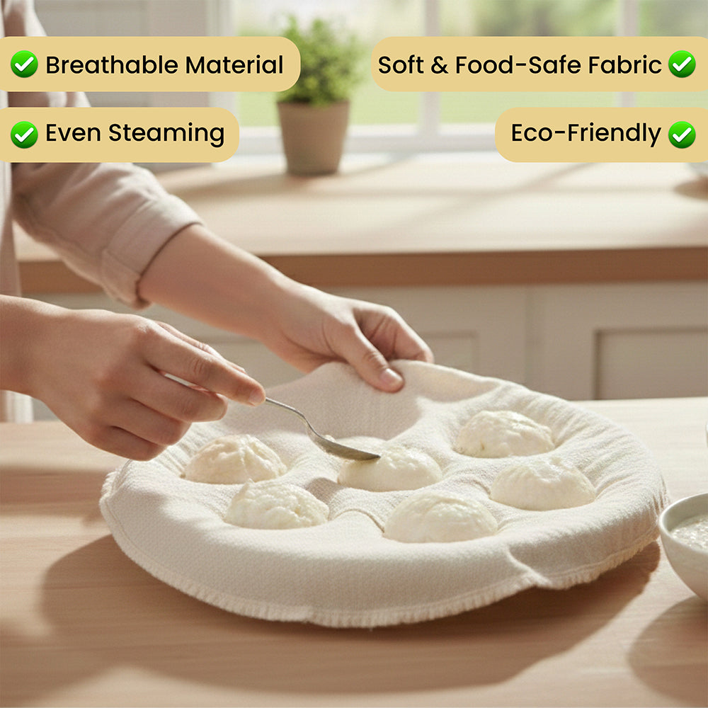 Wrapzy Muslin Idli Cloth ? Unbleached Pure Cotton Idli Steamer Cloth | Reusable Idli Stand Cover | Non-Stick Idli Maker Plate Liner for Soft Idlis, Modak & Momos - 40 cm (Pack of 6, Round)
