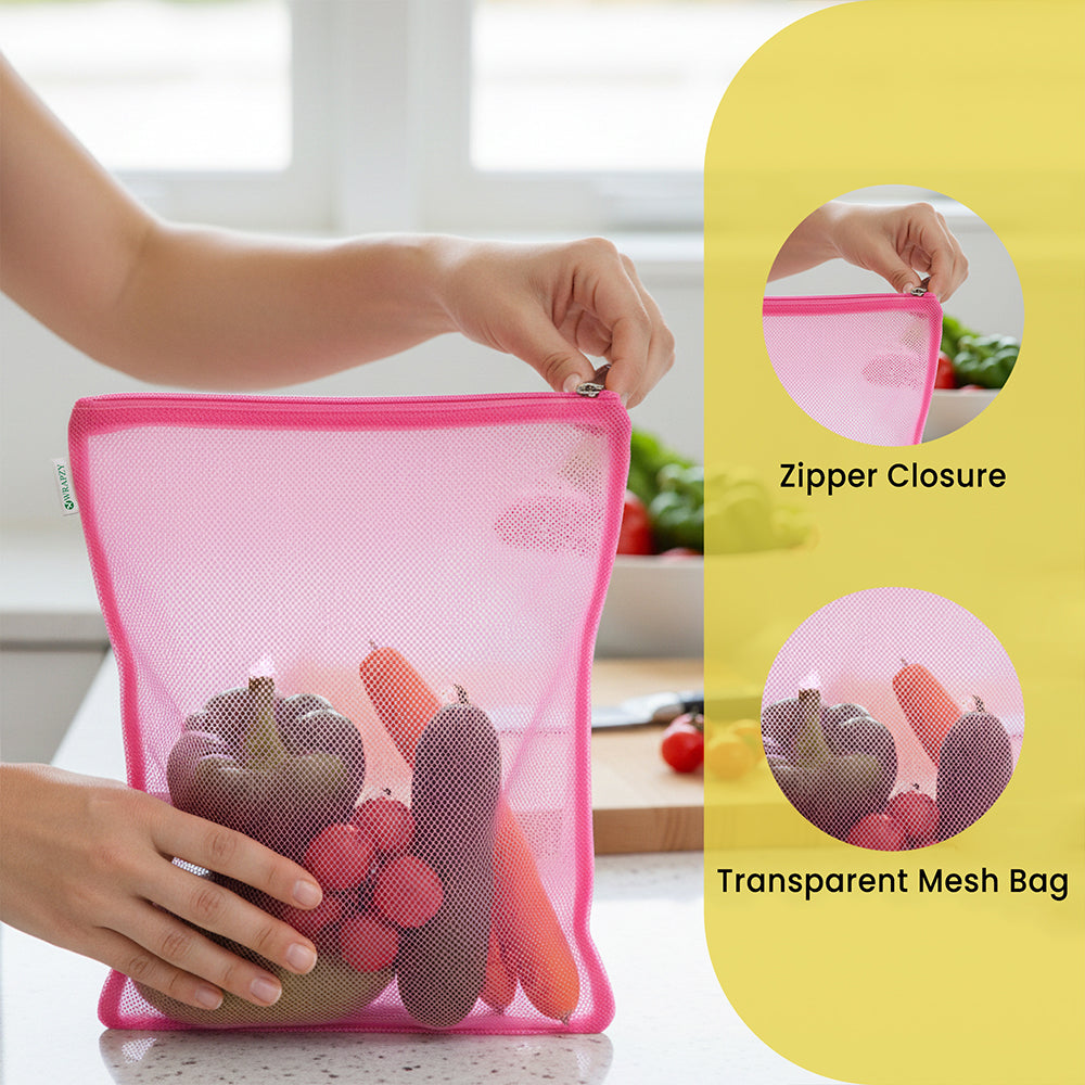 WRAPZY Reusable Nylon Net Vegetable Bags for Fridge | Washable Mesh Storage Bags for Fruits & Vegetables | Breathable Fridge Organizer Bags for Kitchen & Grocery Use | Pack of 12