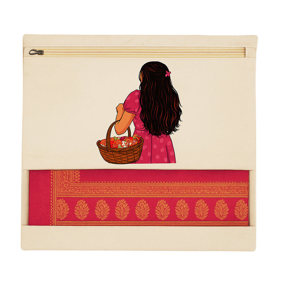 Wrapzy Pure Cotton Printed Saree Cover for Storage | Pack of 4 | Large 16 x 14 Inch Saree Bags with Zip & Transparent Mesh Window | Reusable Wardrobe Organizer for Sarees & Clothes (PRINT1, O