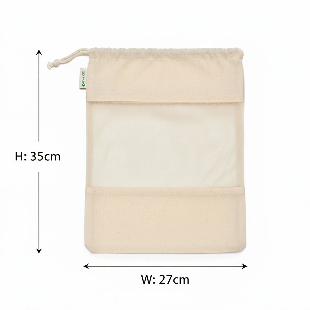 Wrapzy 100% Cotton Reusable Vegetable Bags for Fridge | Eco-Friendly Drawstring Storage Bags | Washable Breathable Cloth Bags for Vegetables | Plastic-Free Kitchen Organizer |Pack of 6