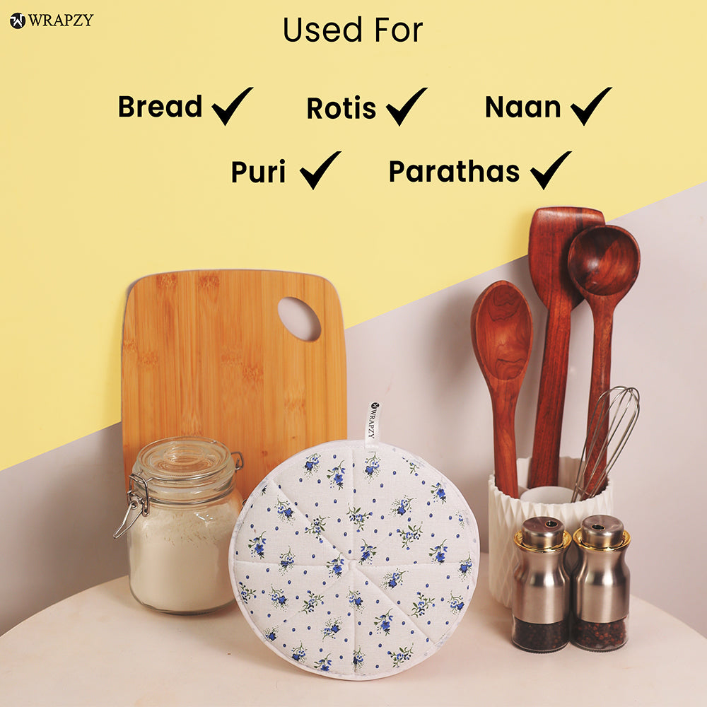 WRAPZY Cotton Roti Cover with Zip | Round Roti Cloth for Keeping Rotis Soft & Fresh | Used for Roti, Paratha, Puri, Naan & Bread | Washable & Reusable | 3 Colour Variants (BLUE, PACK OF:4)