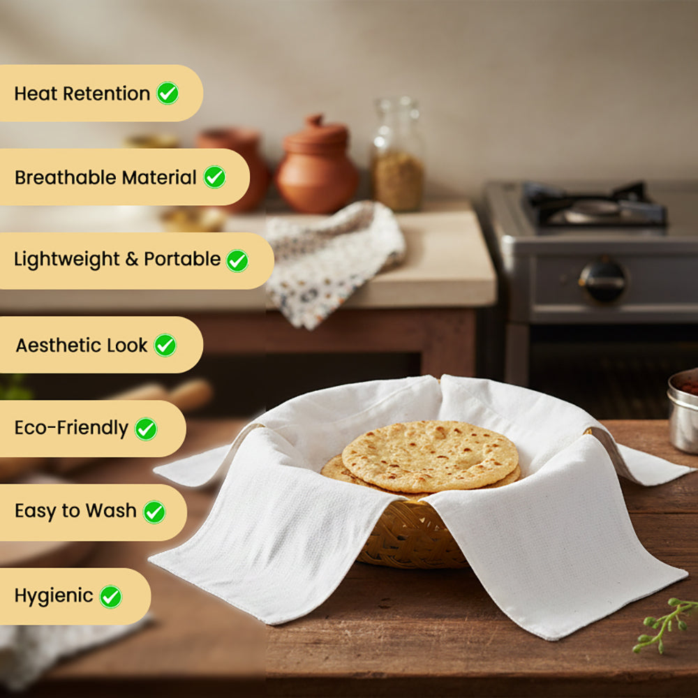 WRAPZY Double Layer Roti Cover | 100% Cotton 4-Flap Chapati Cloth (White) | Reusable, Washable Roti Rumal for Tiffin & Hot Case (Pack of:4)