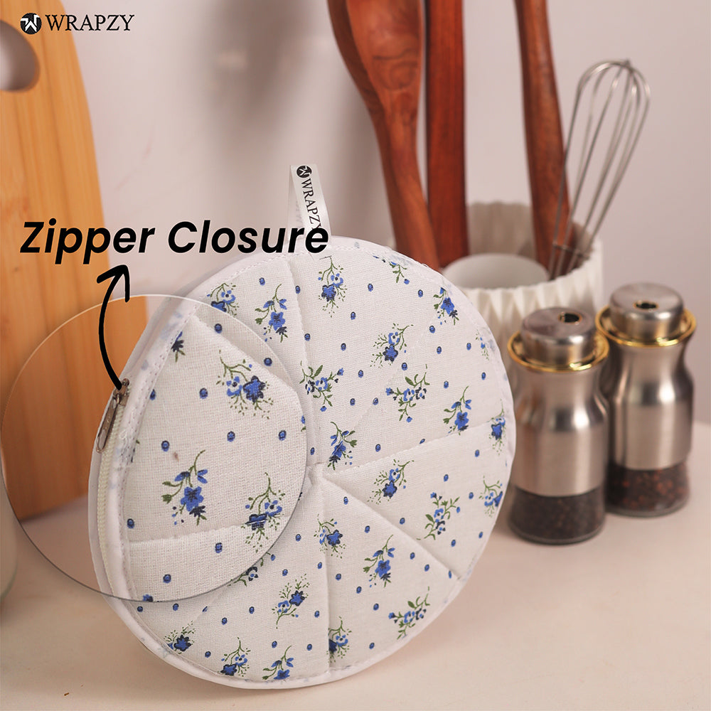 WRAPZY Cotton Roti Cover with Zip | Round Roti Cloth for Keeping Rotis Soft & Fresh | Used for Roti, Paratha, Puri, Naan & Bread | Washable & Reusable | 3 Colour Variants (BLUE, PACK OF:6)