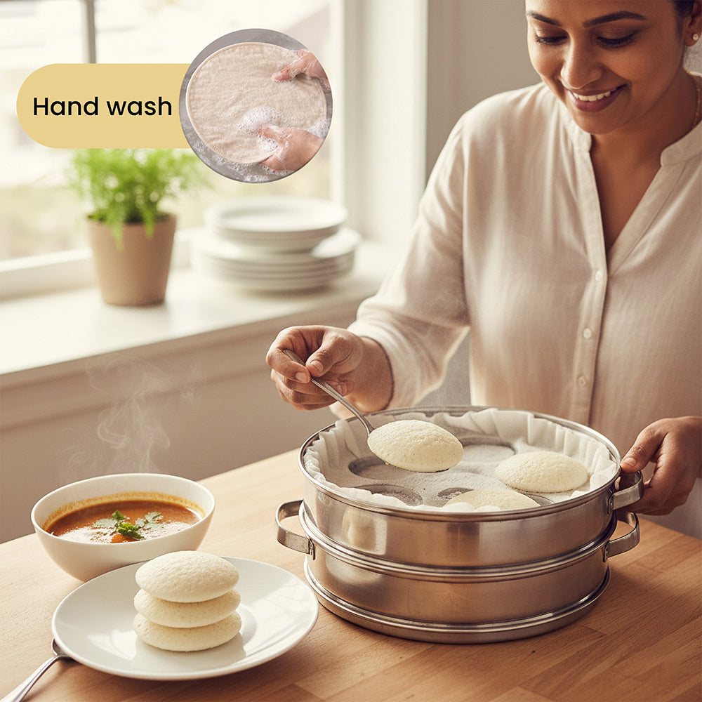 Wrapzy Muslin Idli Cloth ? Unbleached Pure Cotton Idli Steamer Cloth | Reusable Idli Stand Cover | Non-Stick Idli Maker Plate Liner for Soft Idlis, Modak & Momos - 40 cm (Pack of 6, Round)