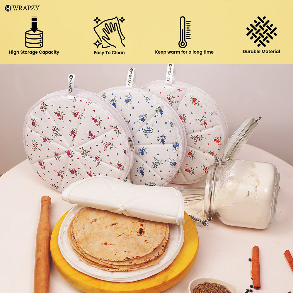 WRAPZY Cotton Roti Cover with Zip | Round Roti Cloth for Keeping Rotis Soft & Fresh | Used for Roti, Paratha, Puri, Naan & Bread | Washable & Reusable | 3 Colour Variants (PINK, PACK OF:4)