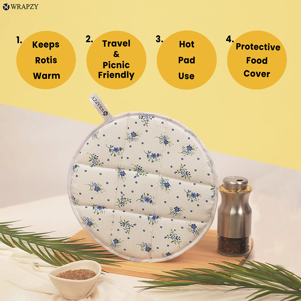 Wrapzy - Floral Print Round Roti Cover with Zip - Roti Cover Set - Roti Cover for Cassrole - Disk Chapati Tortilla Covers - Pack of 4