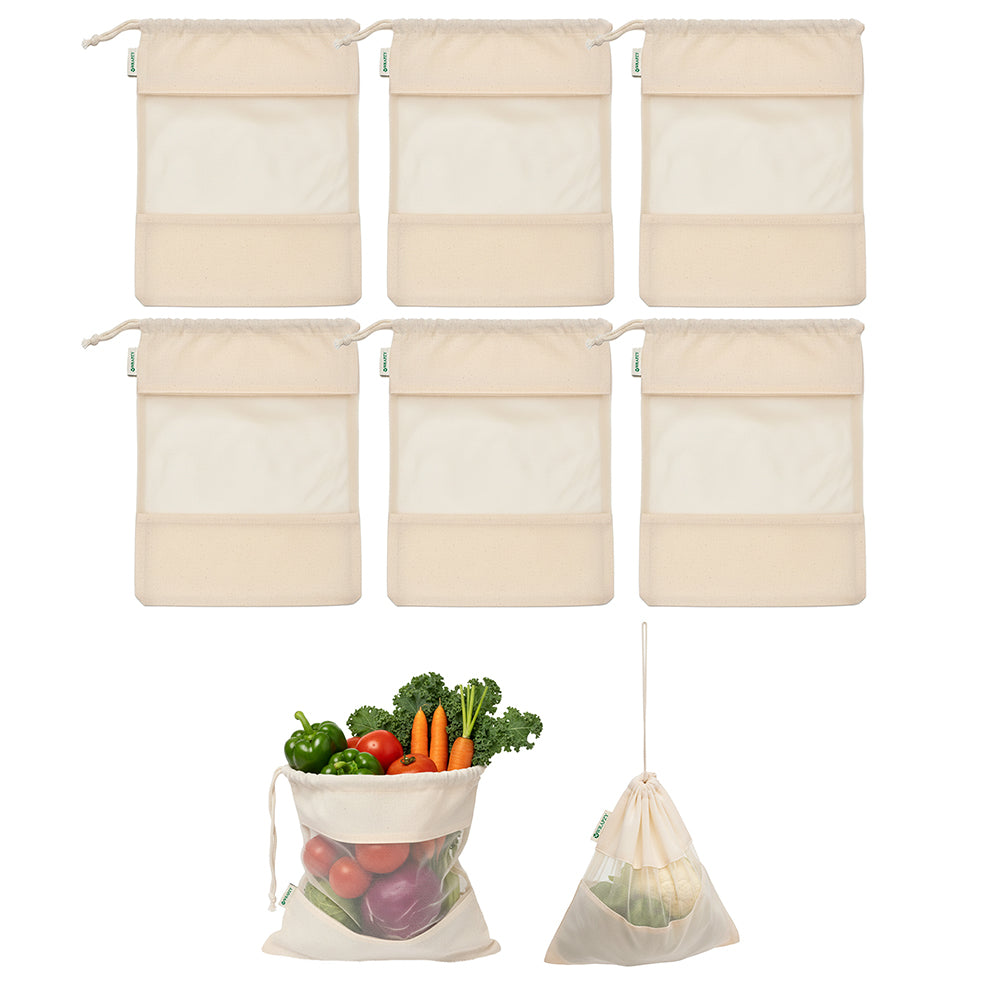 Wrapzy 100% Cotton Reusable Vegetable Bags for Fridge | Eco-Friendly Drawstring Storage Bags | Washable Breathable Cloth Bags for Vegetables | Plastic-Free Kitchen Organizer |Pack of 6