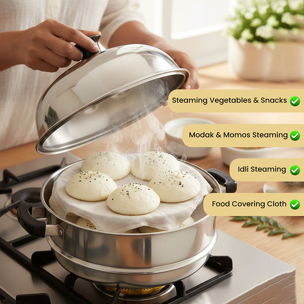 Wrapzy Muslin Idli Cloth ? Unbleached Pure Cotton Idli Steamer Cloth | Reusable Idli Stand Cover | Non-Stick Idli Maker Plate Liner for Soft Idlis, Modak & Momos - 40 cm (Pack of 6, Round)