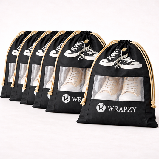 WRAPZY Shoe Cover Bag with Transparent Window | Dustproof Travel Shoe Organizer | Pack Of 6 |Drawstring Storage Bag for Sneakers, Heels & Footwear (Pack of 6, Black)