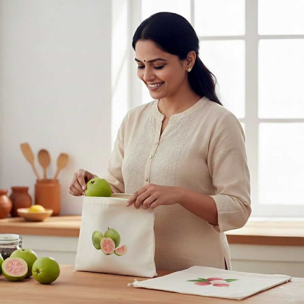 Wrapzy 100% Cotton Reusable Fruit Bags for Fridge | Eco-Friendly Storage Bags | Washable Breathable Cloth Bags for Fruits | Plastic-Free Kitchen Organizer | 12x12 Inches | Pack of 8
