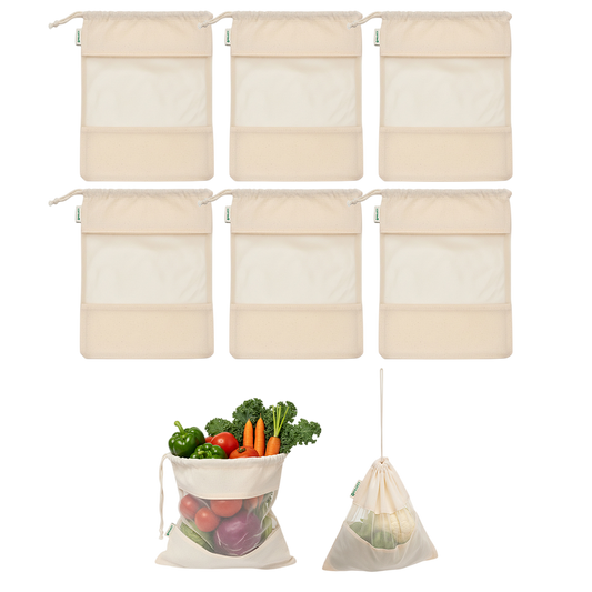 Wrapzy 100% Cotton Reusable Vegetable Bags for Fridge | Eco-Friendly Drawstring Storage Bags | Washable Breathable Cloth Bags for Vegetables | Plastic-Free Kitchen Organizer |Pack of 6