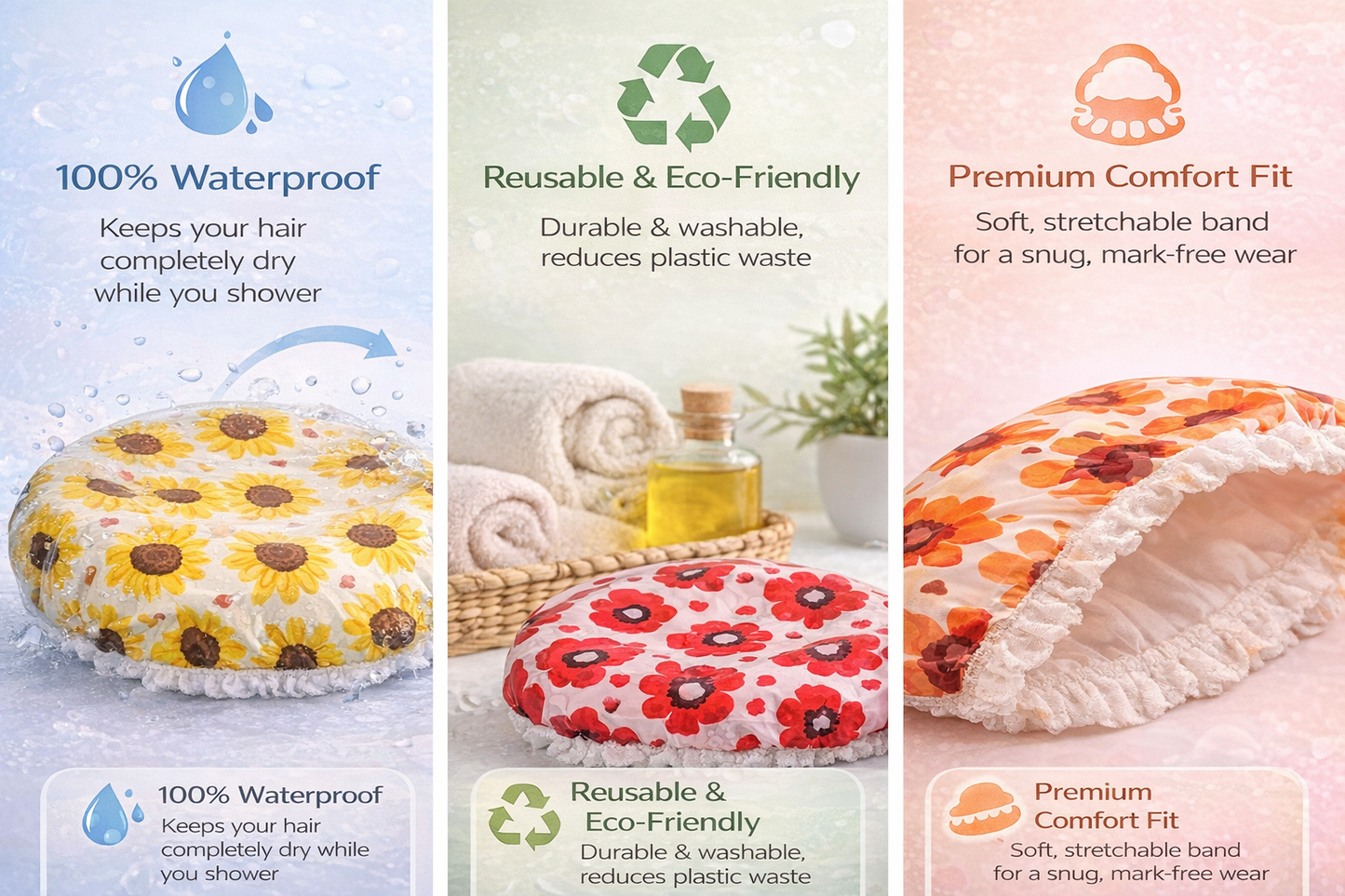 Shower Cap for Women Pack of 6 – Waterproof Reusable Bath Cap with Elastic Band, Free Size Hair Cover for Shower, Spa, Salon, Hair Treatment & Makeup
