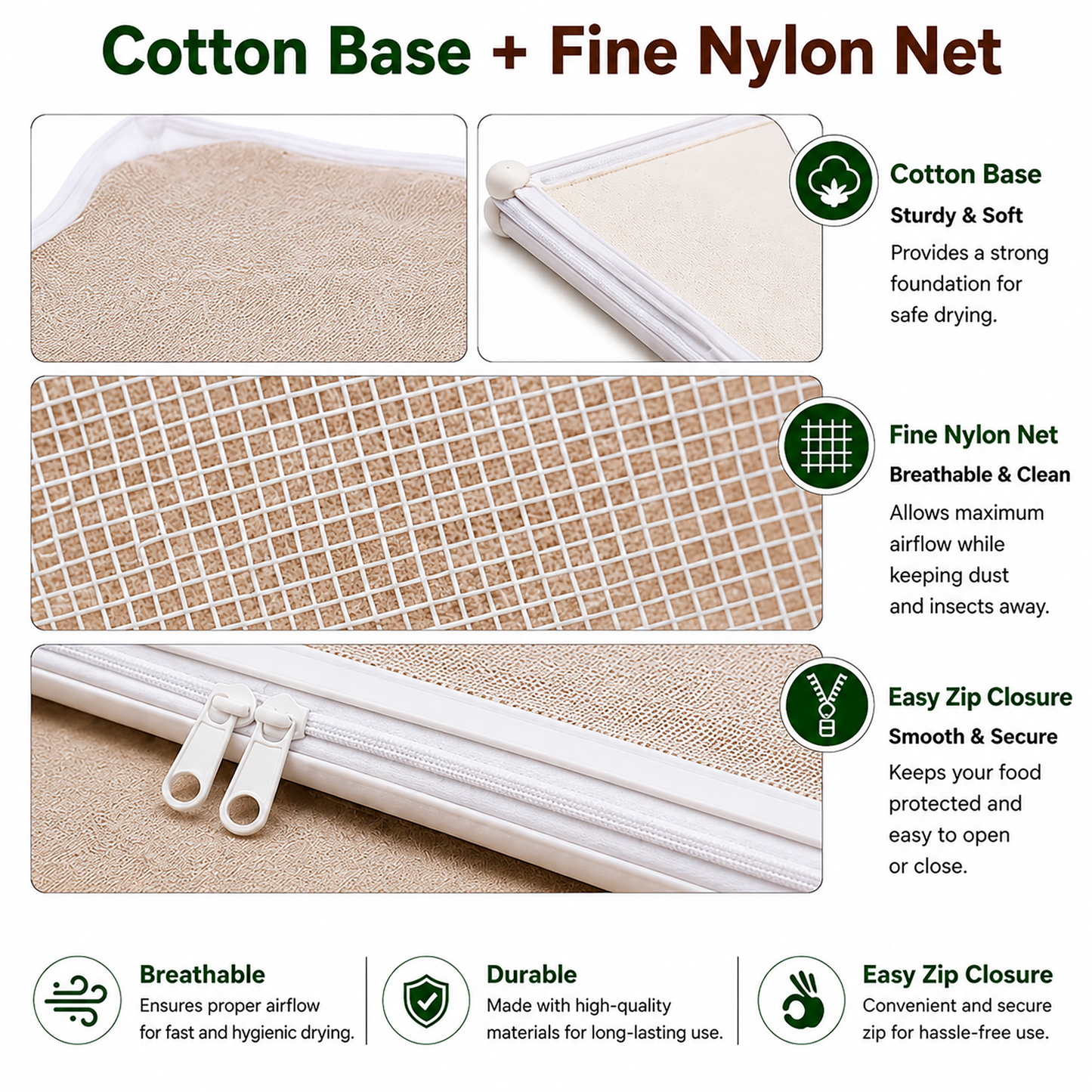 Cotton Drying Cloth with Fine Mesh Net Cover, 48 x 36 inch, Off White, Breathable, Washable & Reusable Food Drying Sheet for Papad, Vadagam, Spices, Millets & Mango Pickle
