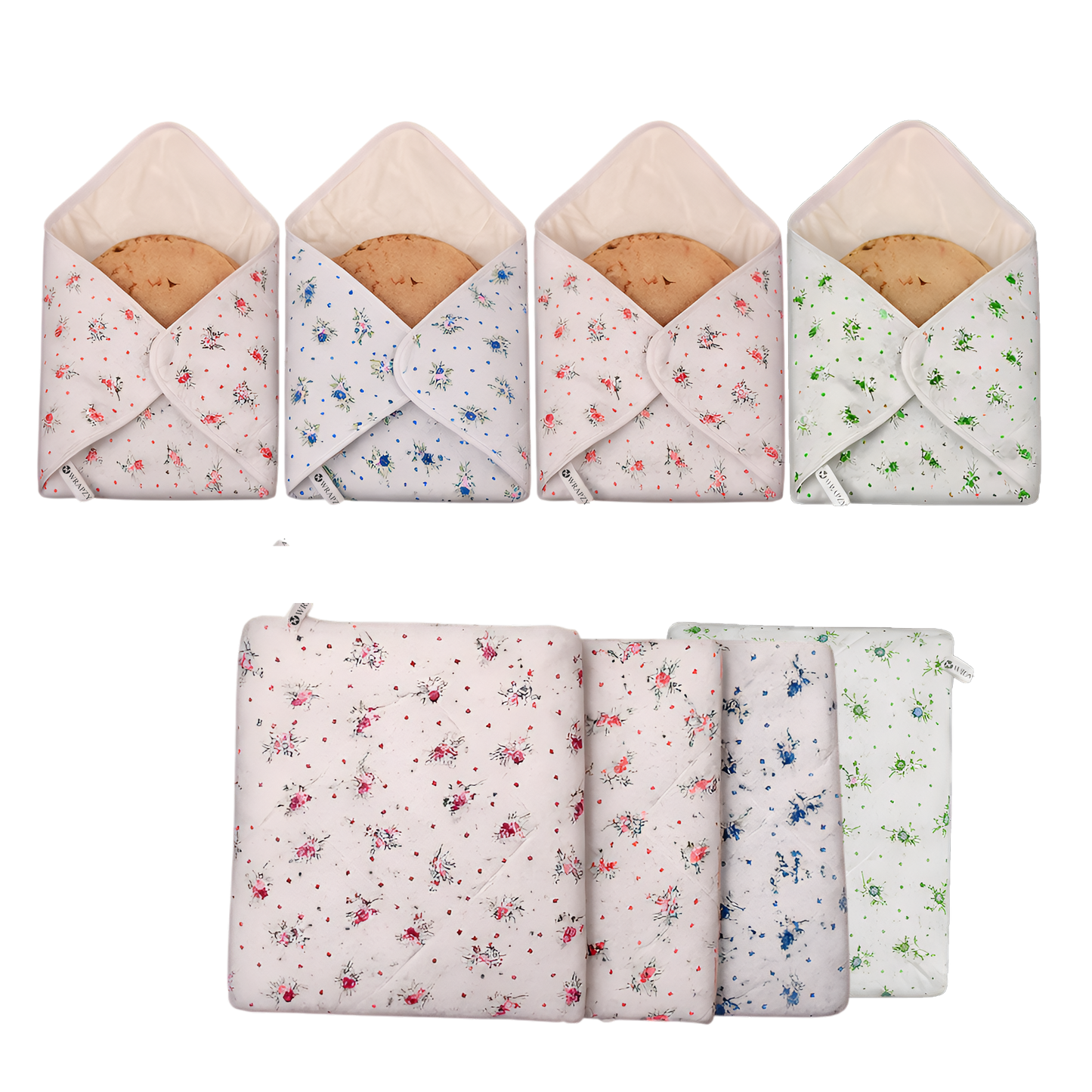 WRAPZY Roti Rumal Cotton Chapati Cover Set of 8 | 100% Cotton Roti Rumaal | Reusable Flatbread Food Cover for Roti, Chapati & Paratha