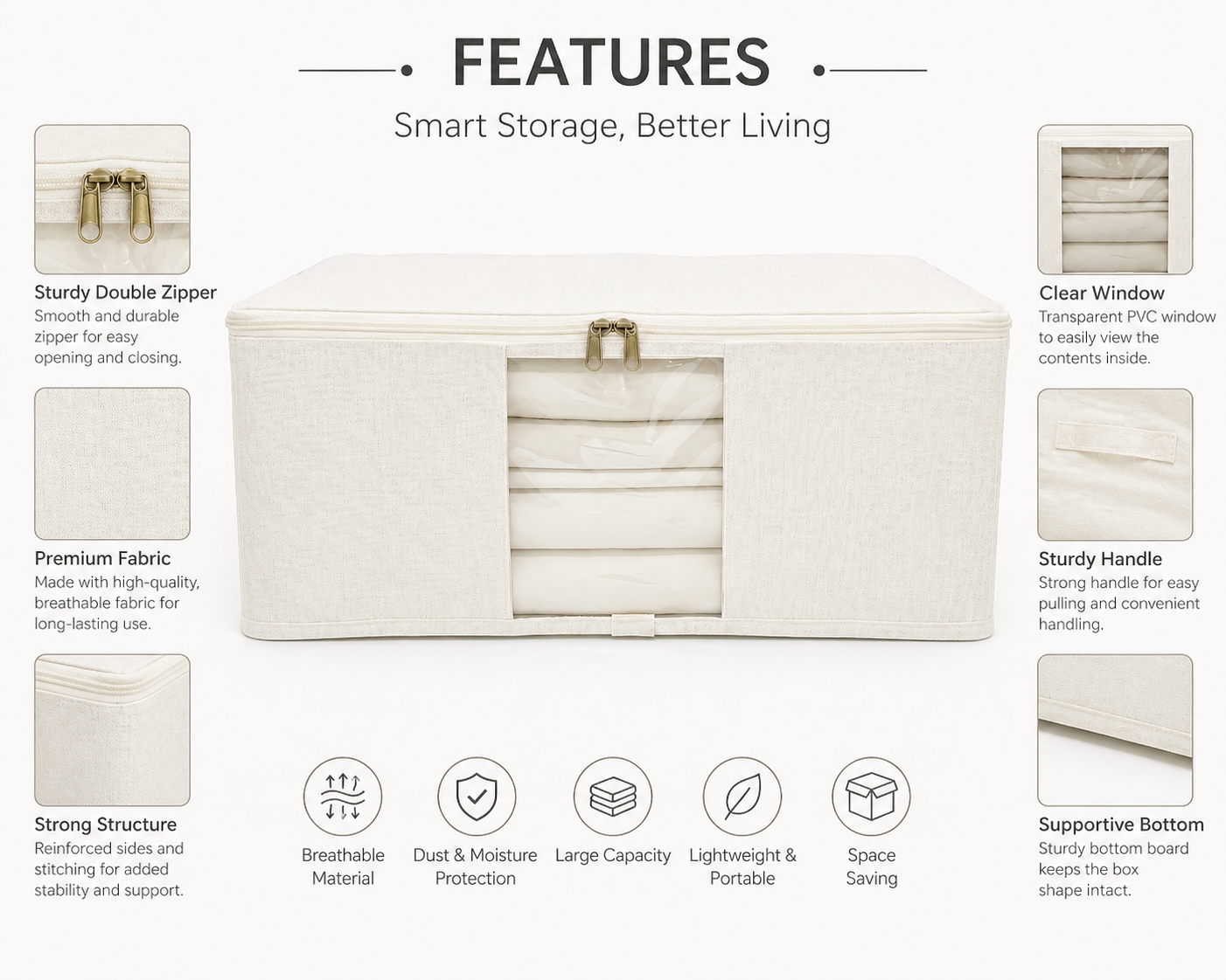Premium Cotton Saree Organizer with 6 Inner Compartments, Transparent Window & Zip Closure | Foldable Wardrobe Storage (Off-White, Eco-Friendly)