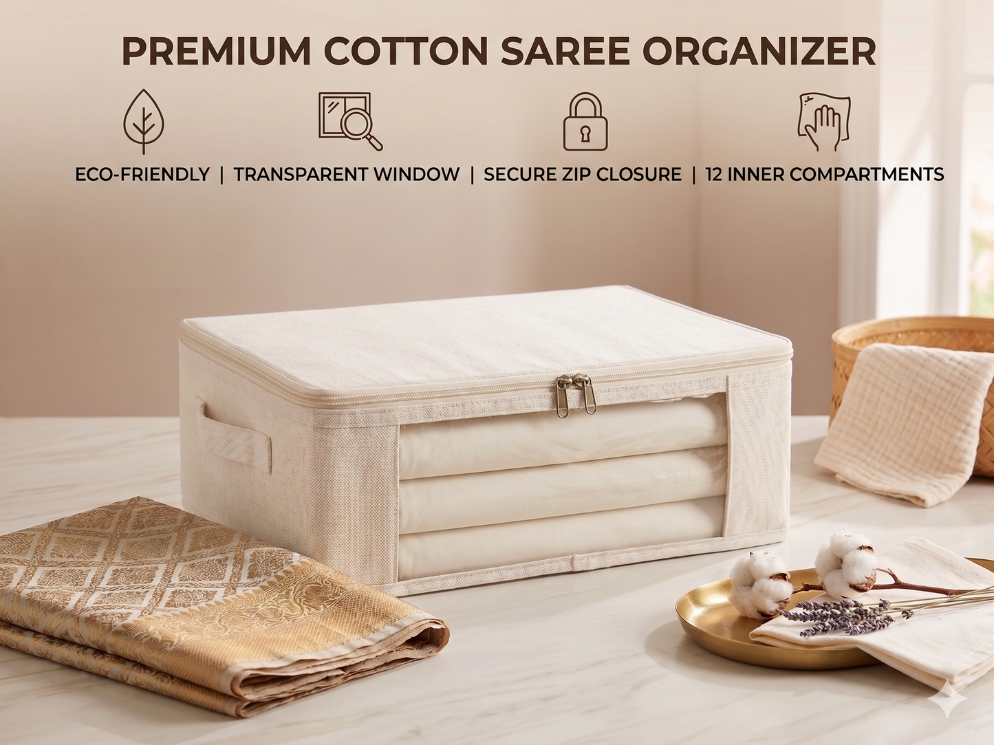 Premium Cotton Saree Organizer with 6 Inner Compartments, Transparent Window & Zip Closure | Foldable Wardrobe Storage (Off-White, Eco-Friendly)