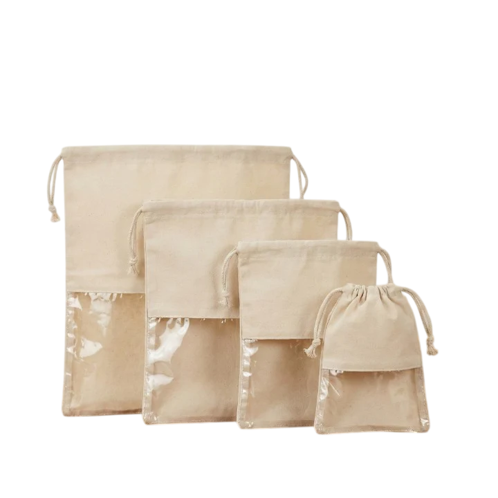 Multipurpose Organizer Bags with Clear Window, Reusable cotton Drawstring Storage Pouch Set for Travel, Toiletries, Cosmetics, Accessories,  Pack of 4