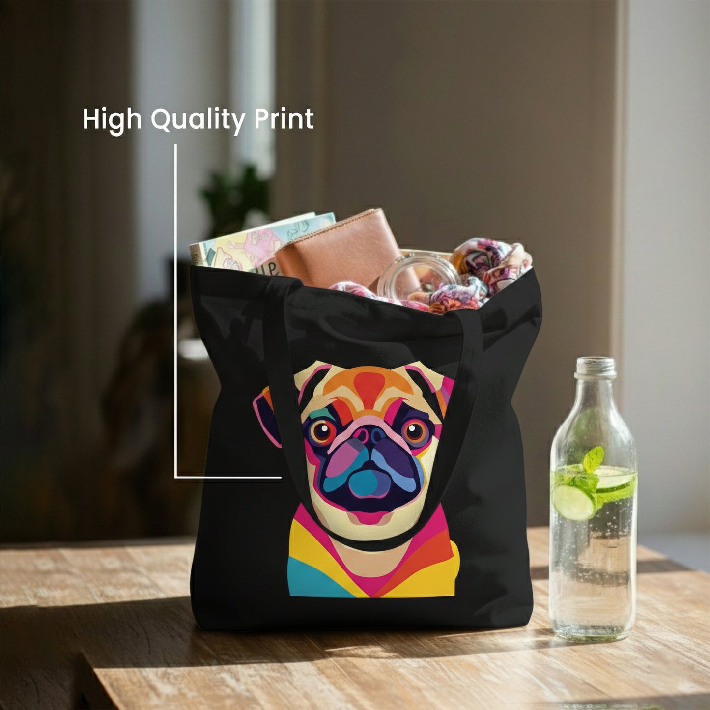 WRAPZY Black Canvas Tote Bag | Handbags for Women | Large Printed Cotton Tote Bag for Shopping, College & Office | Reusable Everyday Carry Handbag | Combo Pack