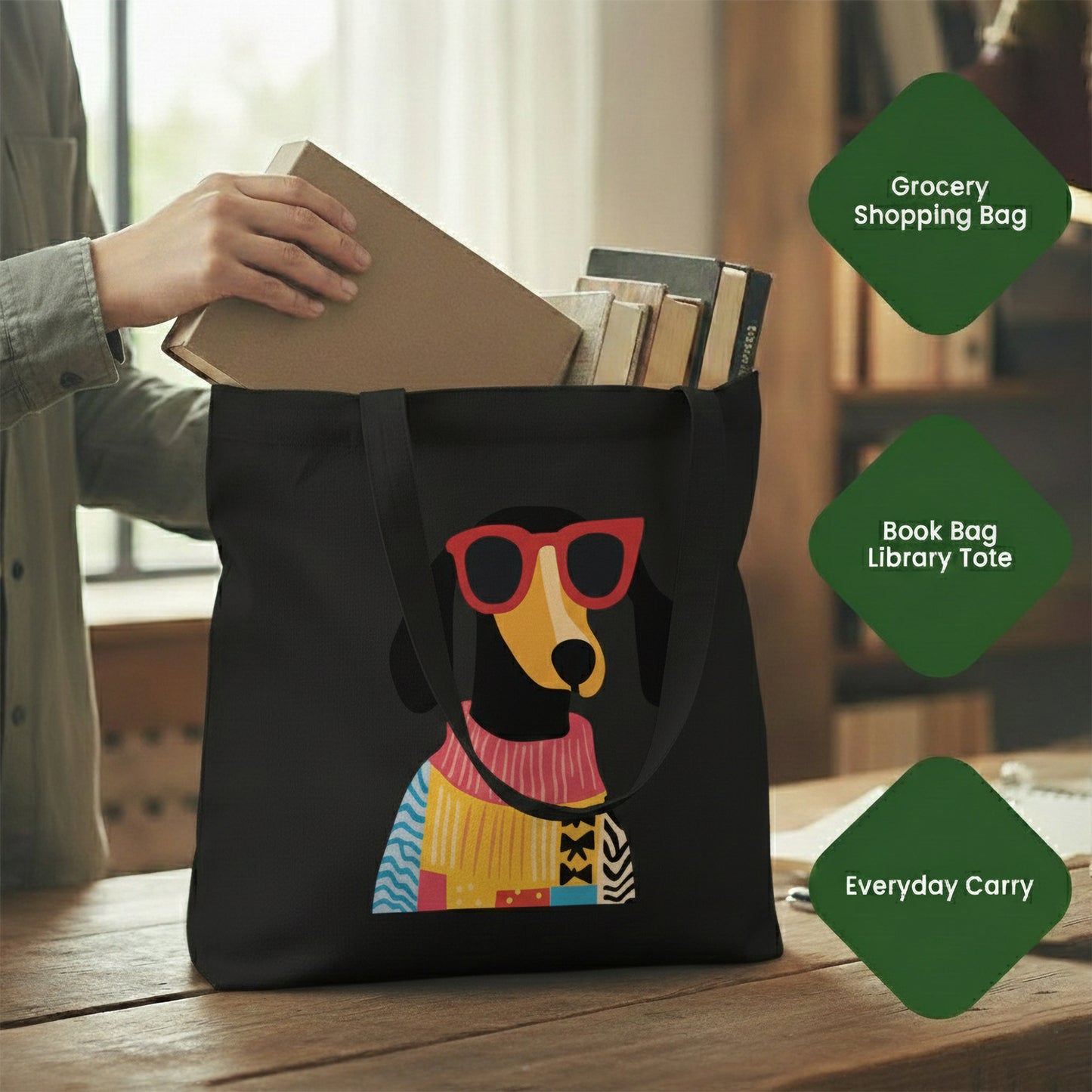 WRAPZY Black Canvas Tote Bag ? Handbags for Women | Large Printed Cotton Tote Bag for Shopping, College & Office | Reusable Everyday Carry Handbag (16 x 14 Inch) (PRINT2, One Size)