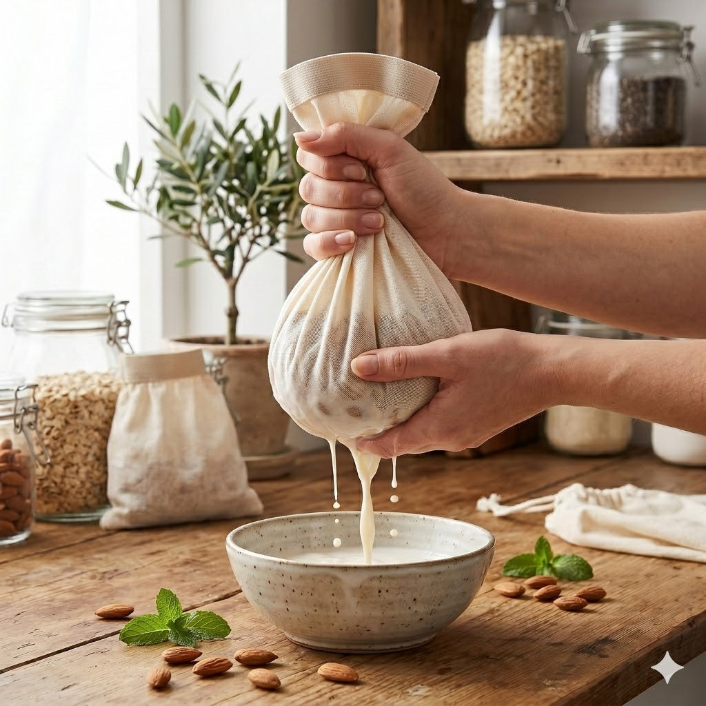 Organic Cotton Nut Milk Bag – Reusable Cloth Strainer | Unbleached, Undyed, GOTS Certified | Eco-Friendly Cheesecloth Alternative | pack of 3