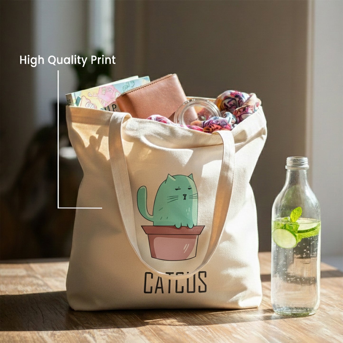 WRAPZY Premium Canvas Tote Bag for Women|Eco-Friendly, Reusable Tote Bag|Handbag for Women| Durable Shoulder Bag for Grocery, Travel, Work, School & Everyday Use | 16x14? (CATCUS, One Size)
