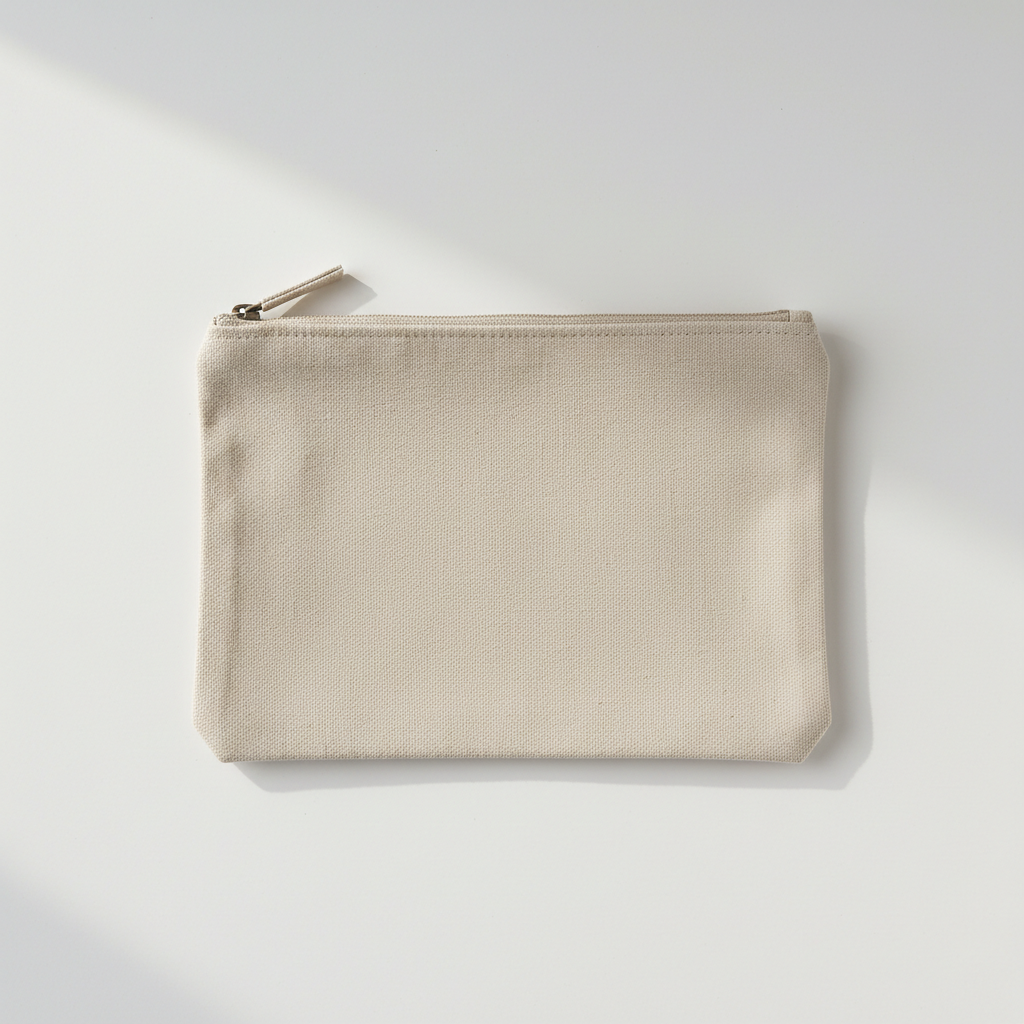 Minimal canvas zipper pouch flat lay on white surface