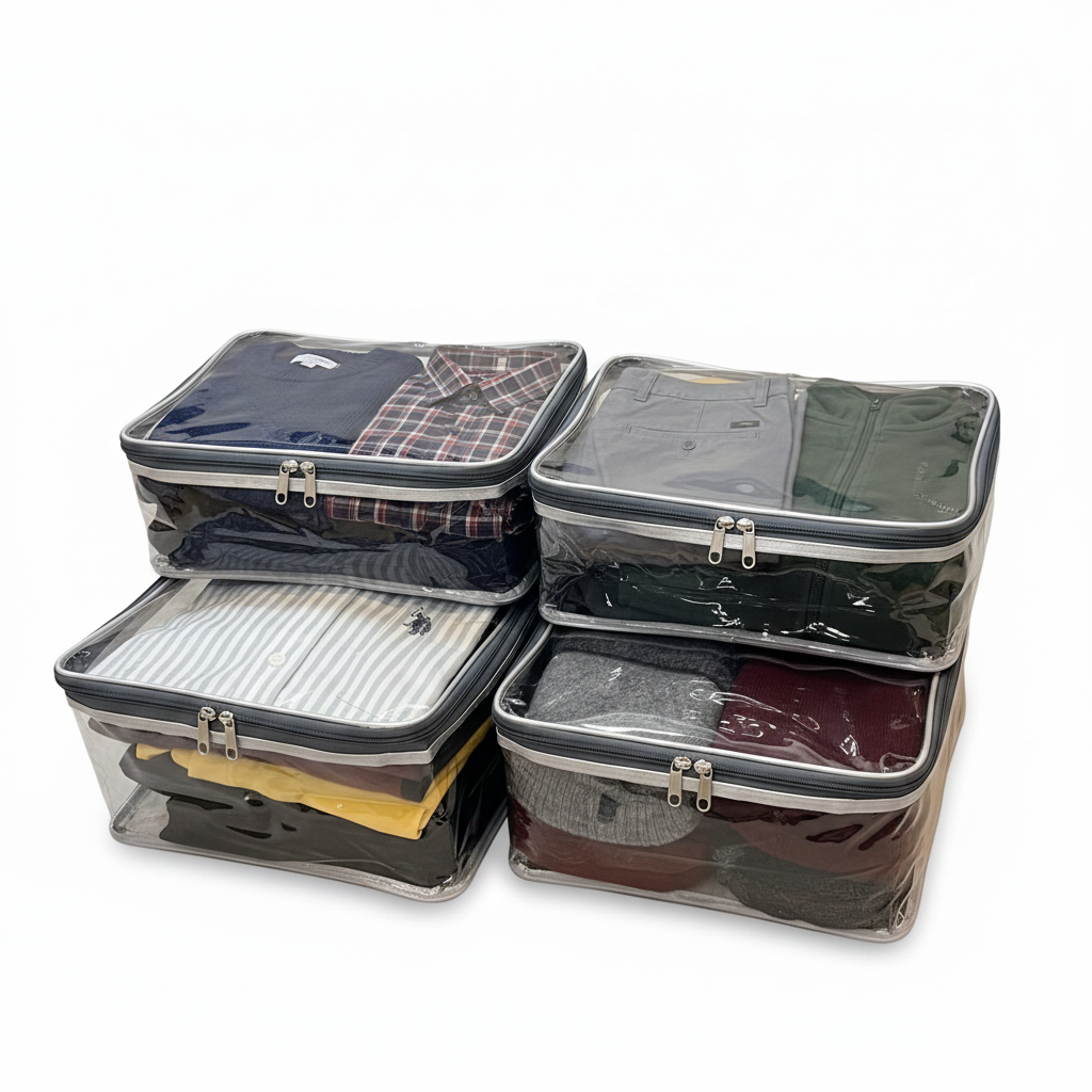 Large square transparent clothes storage bag with sweaters