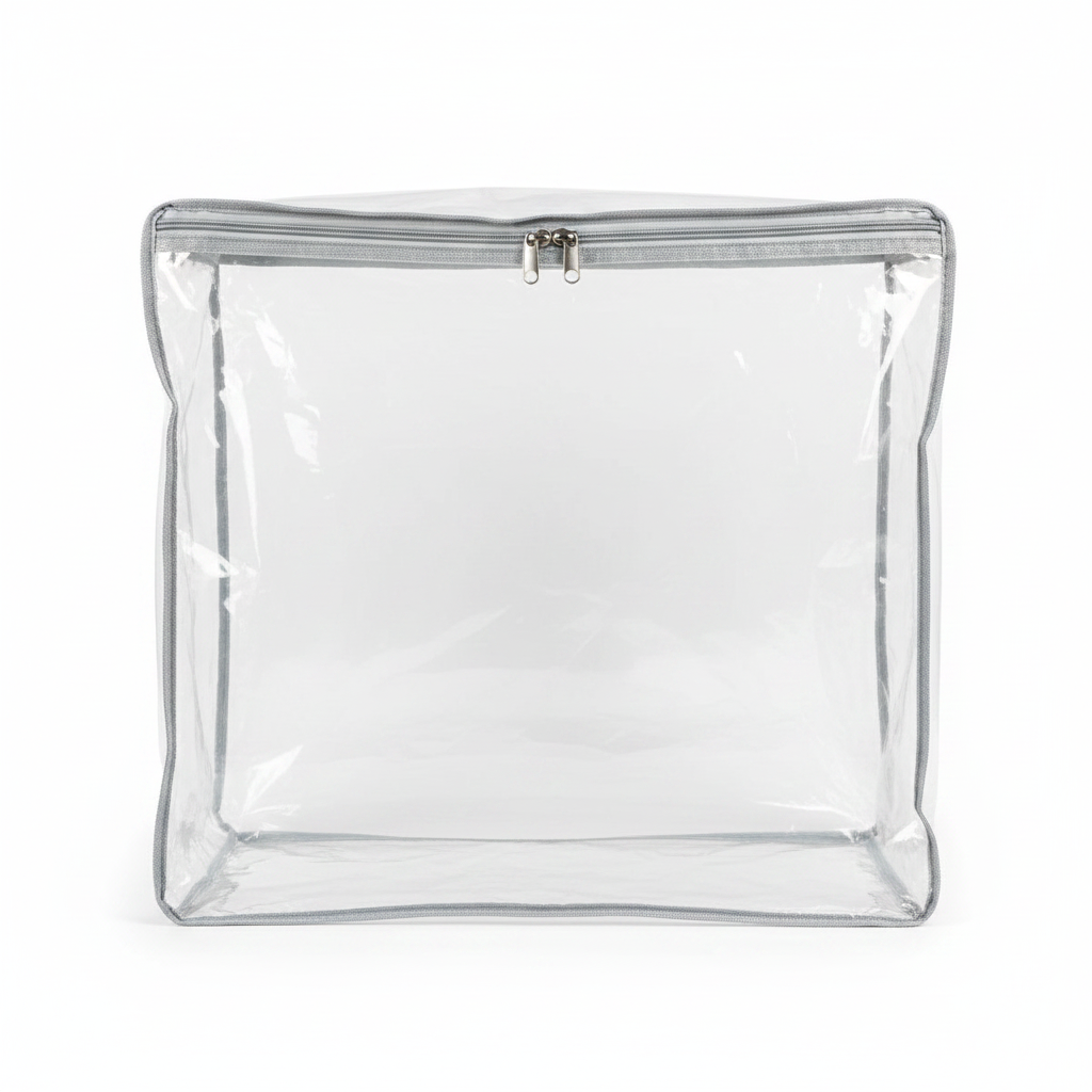 Large empty square transparent clothes storage bag