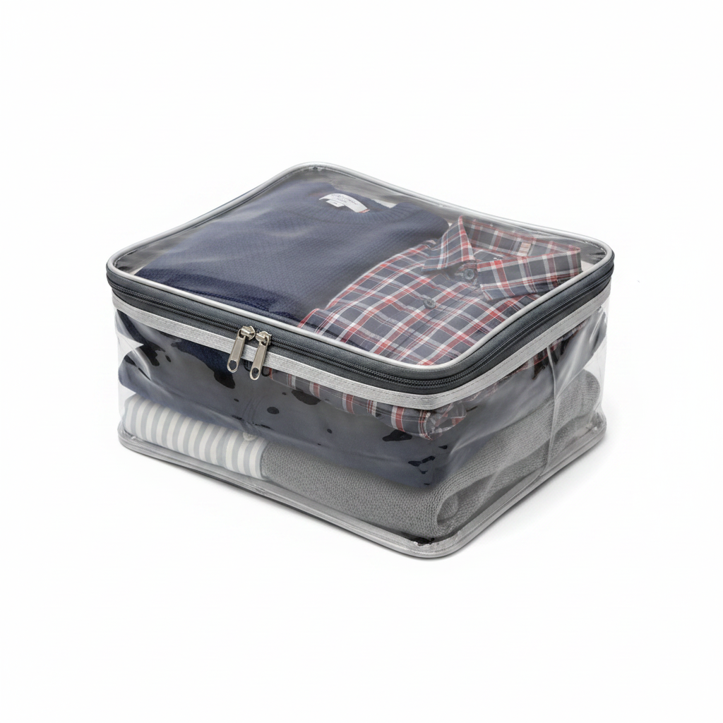 Small square transparent clothes storage bag with folded clothes