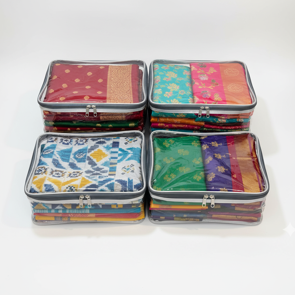 Medium square transparent clothes storage bag with sarees