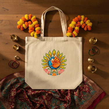 Wrapzy Kerala Mural Peacock Tote Bag - Wrapzy