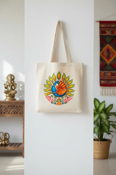 Wrapzy Kerala Mural Peacock Tote Bag - Wrapzy