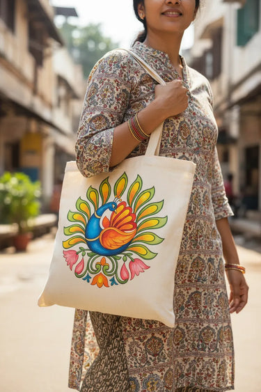 Wrapzy Kerala Mural Peacock Tote Bag - Wrapzy
