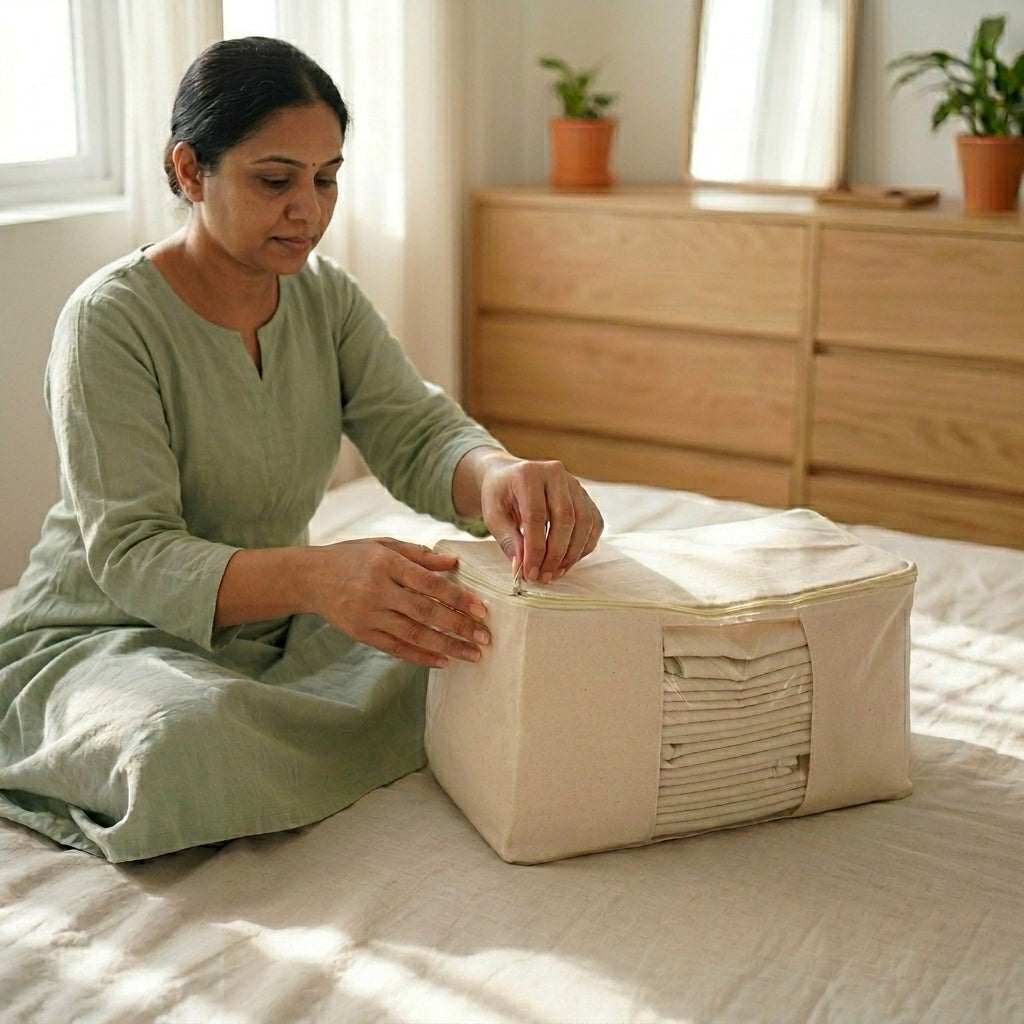 Premium Cotton Saree Organizer with 6 Inner Compartments, Transparent Window & Zip Closure | Foldable Wardrobe Storage (Off-White, Eco-Friendly)