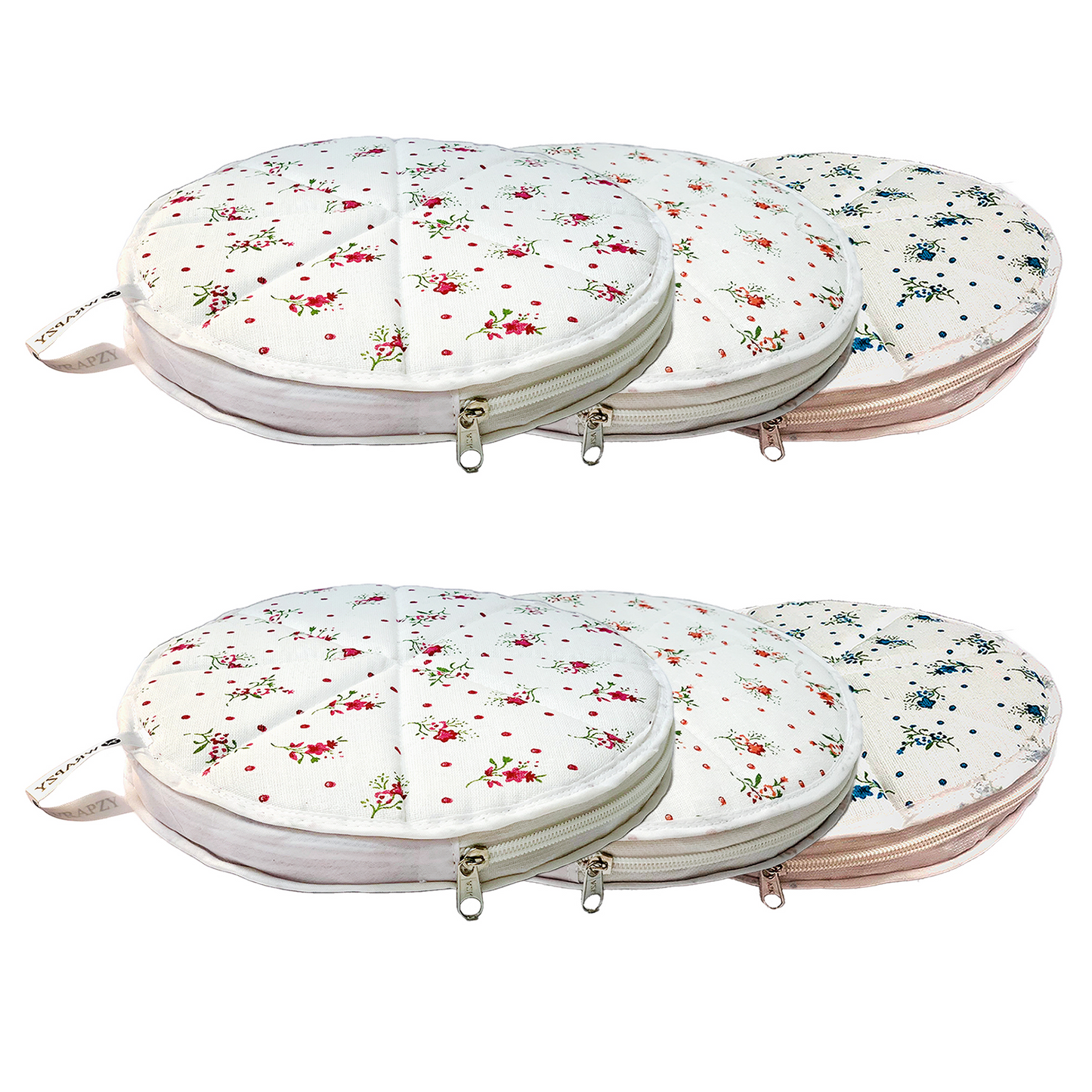 WRAPZY Cotton Roti Cover with Zip | Round Roti Cloth for Keeping Rotis Soft & Fresh | Used for Roti, Paratha, Puri, Naan & Bread | Washable & Reusable | 3 Colour Variants | Pack of 6