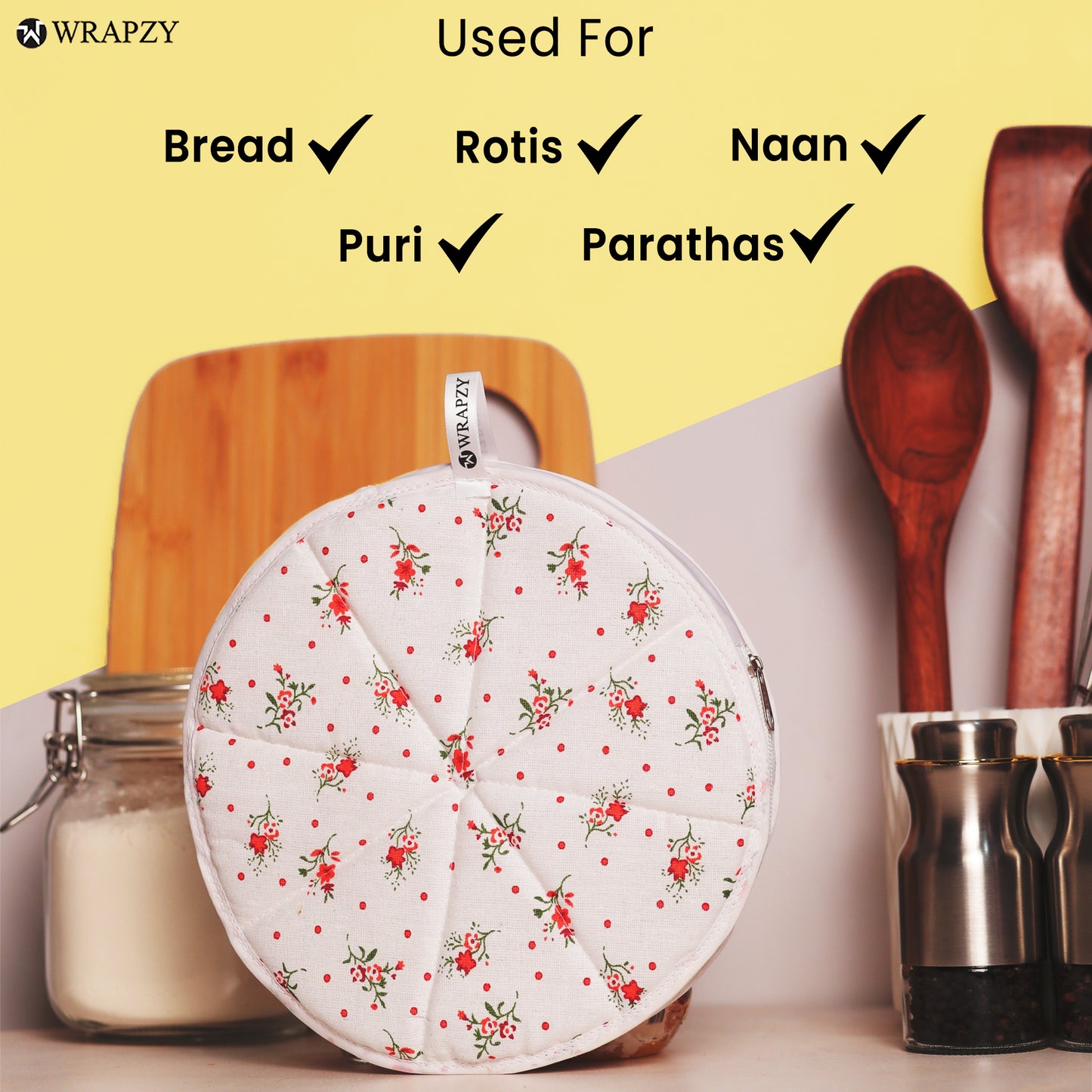 WRAPZY Cotton Roti Cover with Zip | Round Roti Cloth for Keeping Rotis Soft & Fresh | Used for Roti, Paratha, Puri, Naan & Bread | Washable & Reusable | 3 Colour Variants | Pack of 6