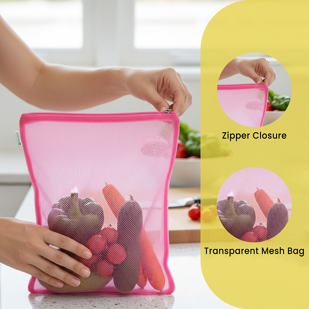 WRAPZY Pack of 8 Reusable Nylon Net Vegetable Bags for Fridge | Washable Mesh Storage Bags for Fruits & Vegetables | Breathable Fridge Organizer Bags for Kitchen & Grocery Use