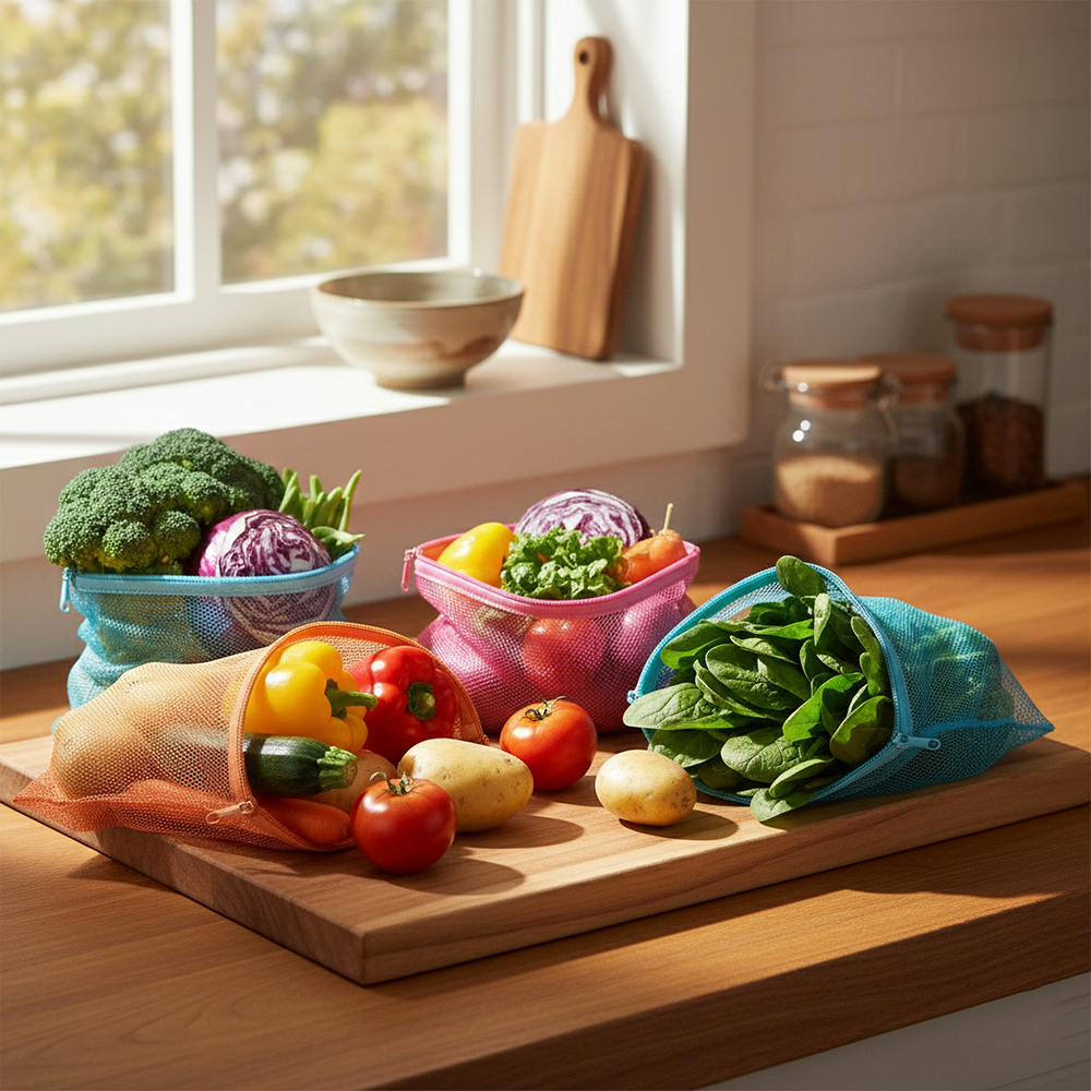 WRAPZY Pack of 8 Reusable Nylon Net Vegetable Bags for Fridge | Washable Mesh Storage Bags for Fruits & Vegetables | Breathable Fridge Organizer Bags for Kitchen & Grocery Use