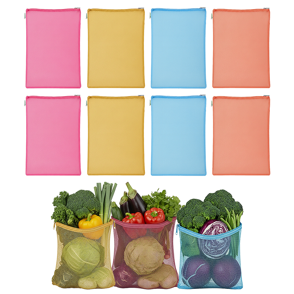 WRAPZY Pack of 8 Reusable Nylon Net Vegetable Bags for Fridge | Washable Mesh Storage Bags for Fruits & Vegetables | Breathable Fridge Organizer Bags for Kitchen & Grocery Use